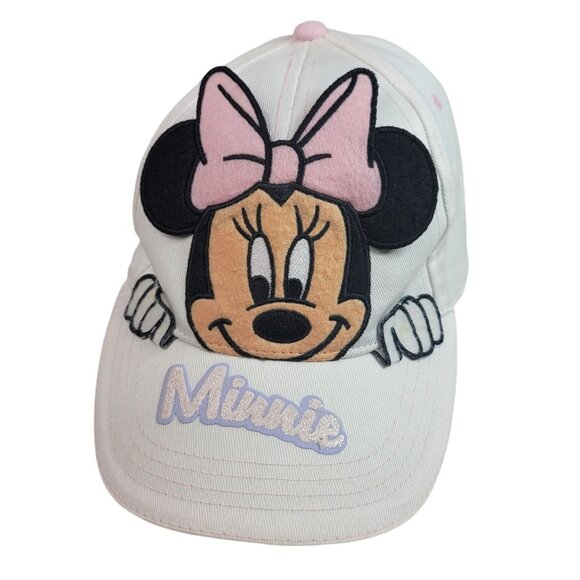 Disney Minnie Mouse Hat White Cap Hook Loop Close Adj Glitter Applique Baseball - Picture 1 of 15